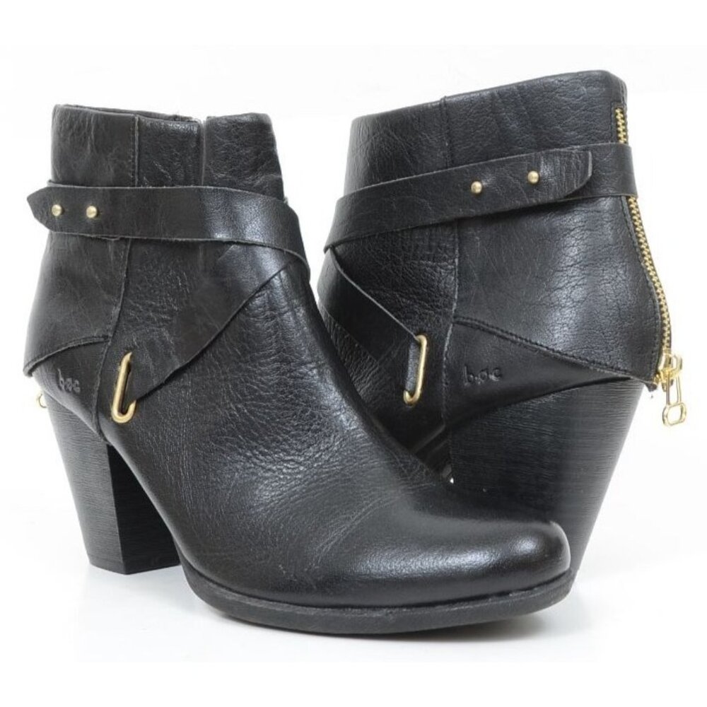 Born Concept BOC 10M Black Leather Back Gold Zip Moto Gothic Heeled Boots Bootie
